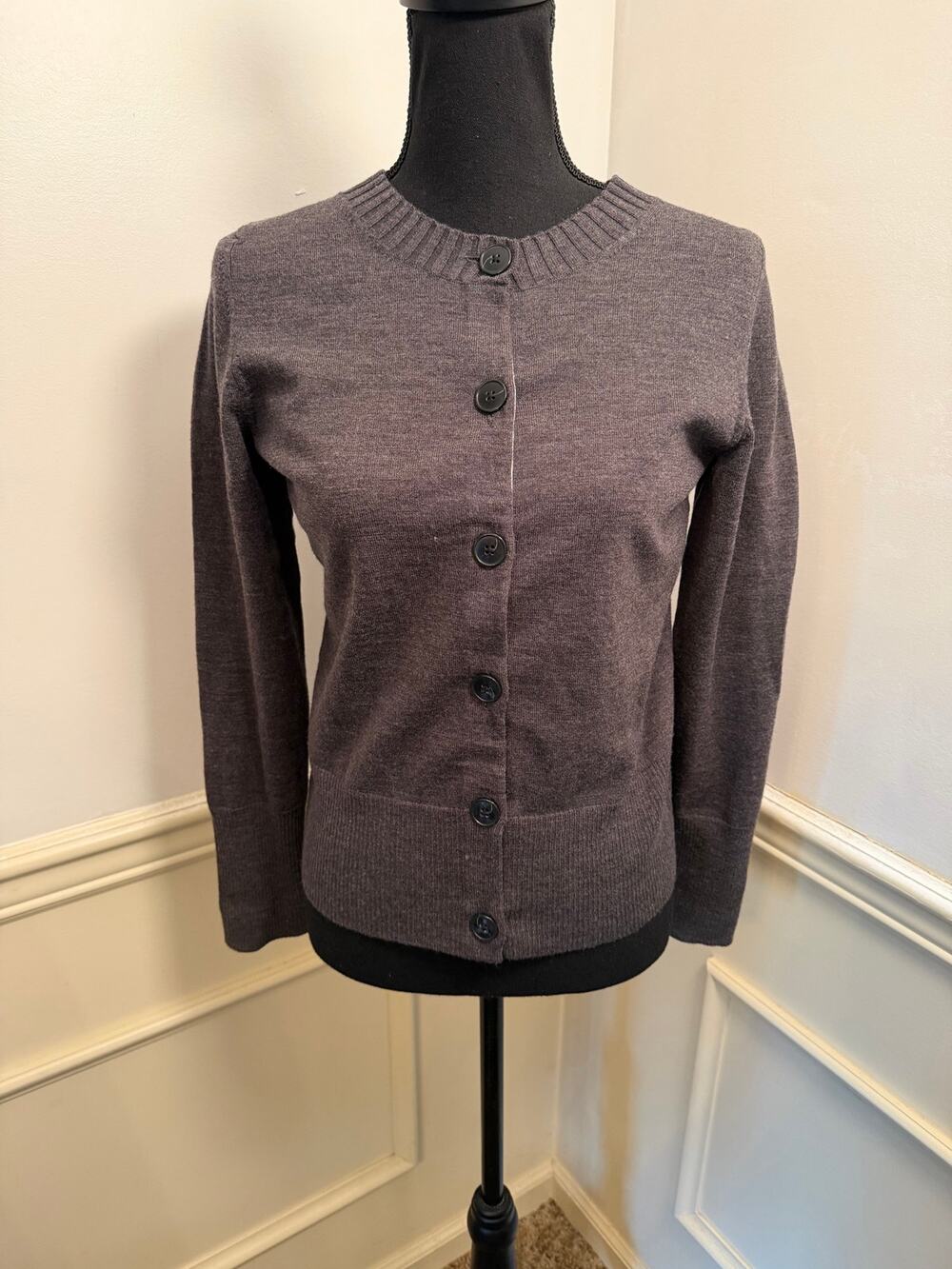 Banana Republic Charcoal Grey Merino Wool Blend Button Front Crewneck Cardigan